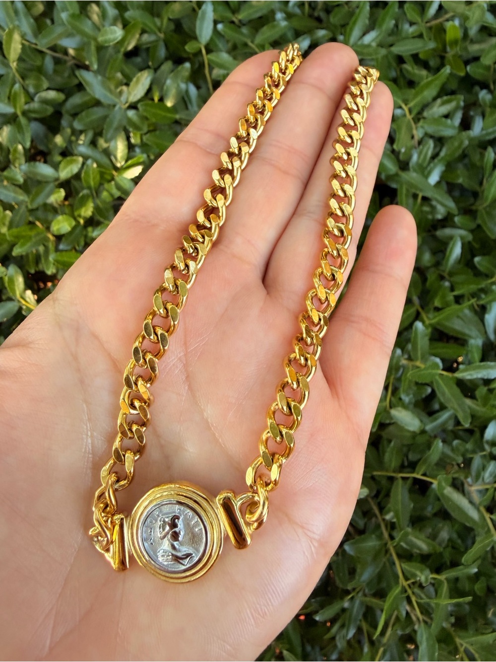 18K Gold Plated Coin Pendant Curb Chain Necklace Cuban Style - Picture 5 of 10